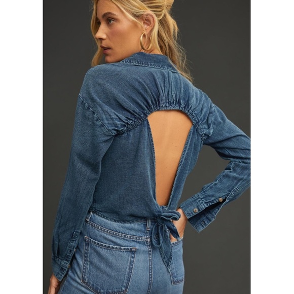 Anthropologie Pilcro Open Back Blouse Top Button Down Blue Cotton Small ANTHRO - Picture 7 of 7